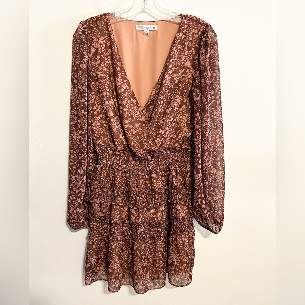 Lola Grace Socialite Floral Mini Dress. Brown/Pink, Ruffle Tier Skirt. Size Med
